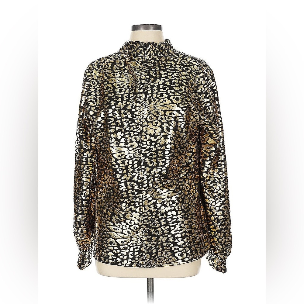 CK Bradley Mock Neck Blouse Top Zip Back Long Sleeve Metallic Leopard Print Sz S